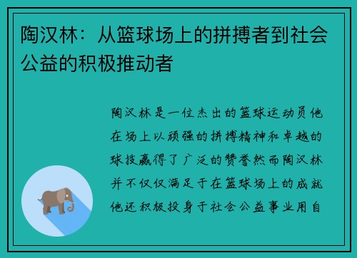 陶汉林：从篮球场上的拼搏者到社会公益的积极推动者