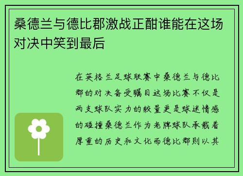 桑德兰与德比郡激战正酣谁能在这场对决中笑到最后