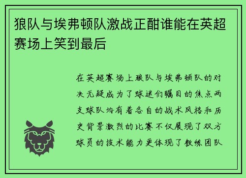狼队与埃弗顿队激战正酣谁能在英超赛场上笑到最后
