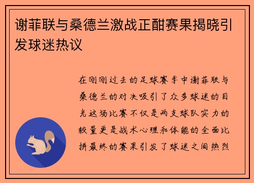 谢菲联与桑德兰激战正酣赛果揭晓引发球迷热议