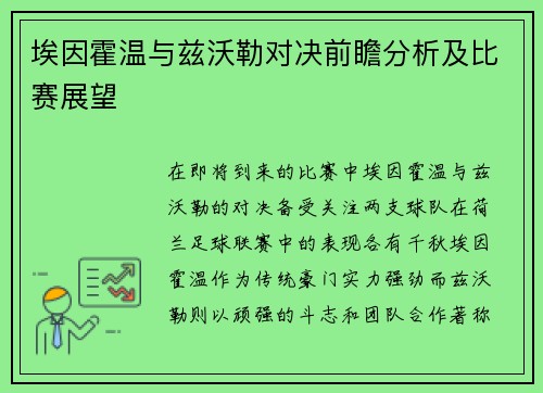 埃因霍温与兹沃勒对决前瞻分析及比赛展望