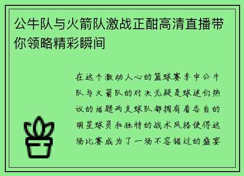 公牛队与火箭队激战正酣高清直播带你领略精彩瞬间