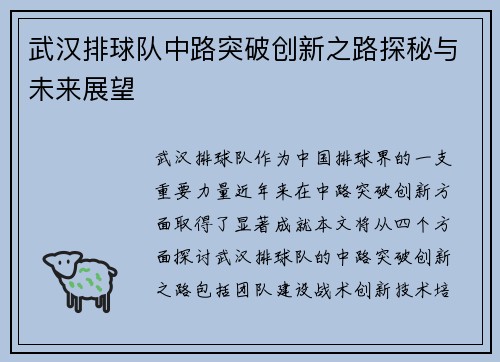 武汉排球队中路突破创新之路探秘与未来展望