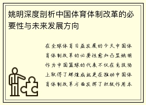 姚明深度剖析中国体育体制改革的必要性与未来发展方向