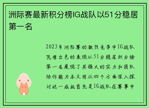 洲际赛最新积分榜IG战队以51分稳居第一名